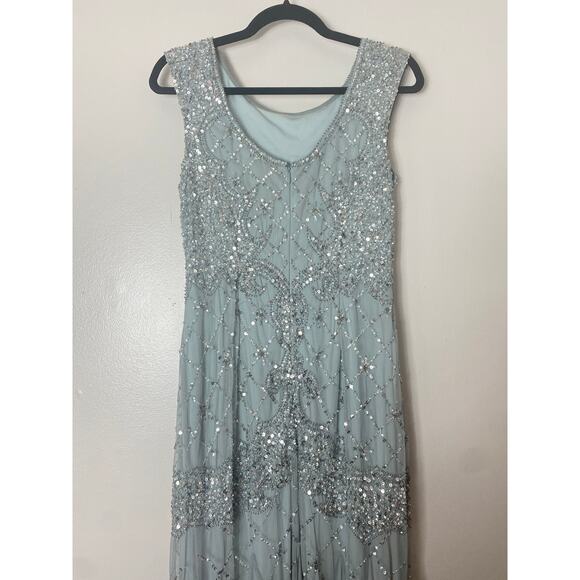ADRIANNA PAPELL DRESS 10 GOWN SEQUIN BEADED LATTICE BLUE GRAY SLEEVELESS GODETS - Picture 11 of 16